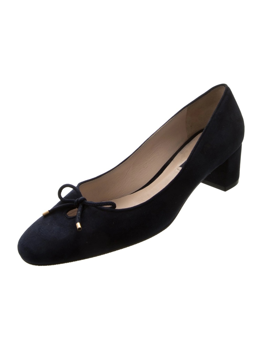 Stuart Weitzman Navy Suede Low Block Heel Pump With Bow Accent L66-1000
